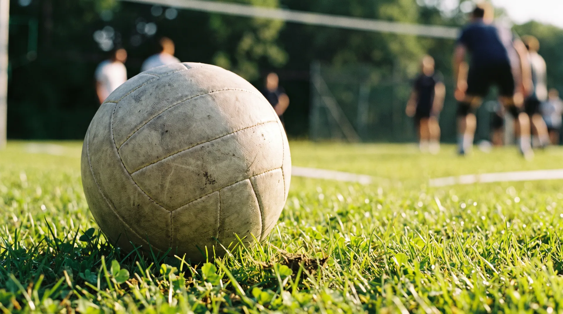 Pallone da pallavolo posizionato sull'erba verde di un campo da gioco estivo