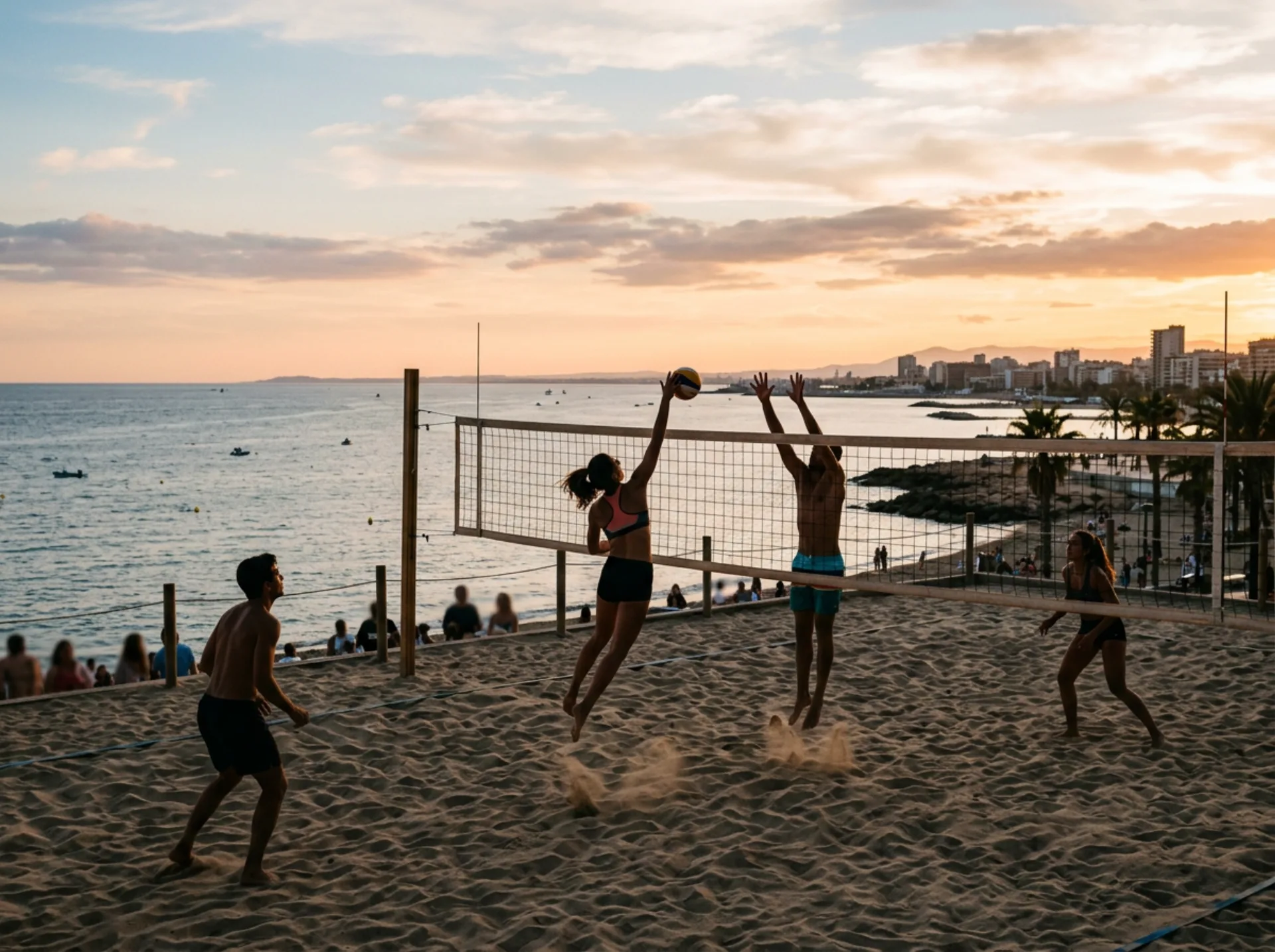 Due coppie giocano a beach volley su un campo in sabbia in città, controluce sul mare