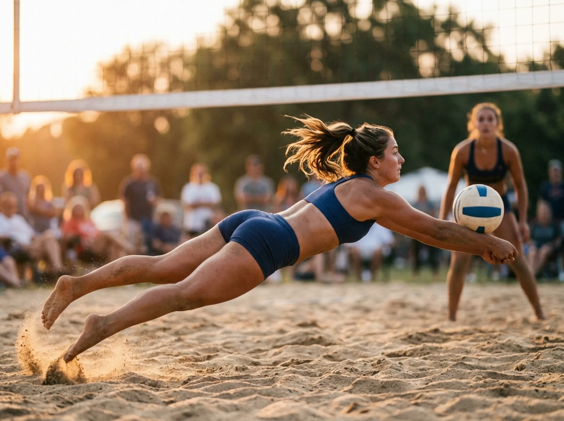 Giocatore di beach volley in tuffo difensivo sulla sabbia al tramonto