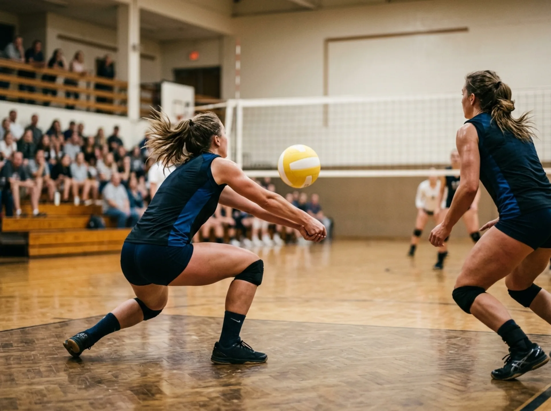 Fase di ricezione in bagher durante una partita di pallavolo indoor