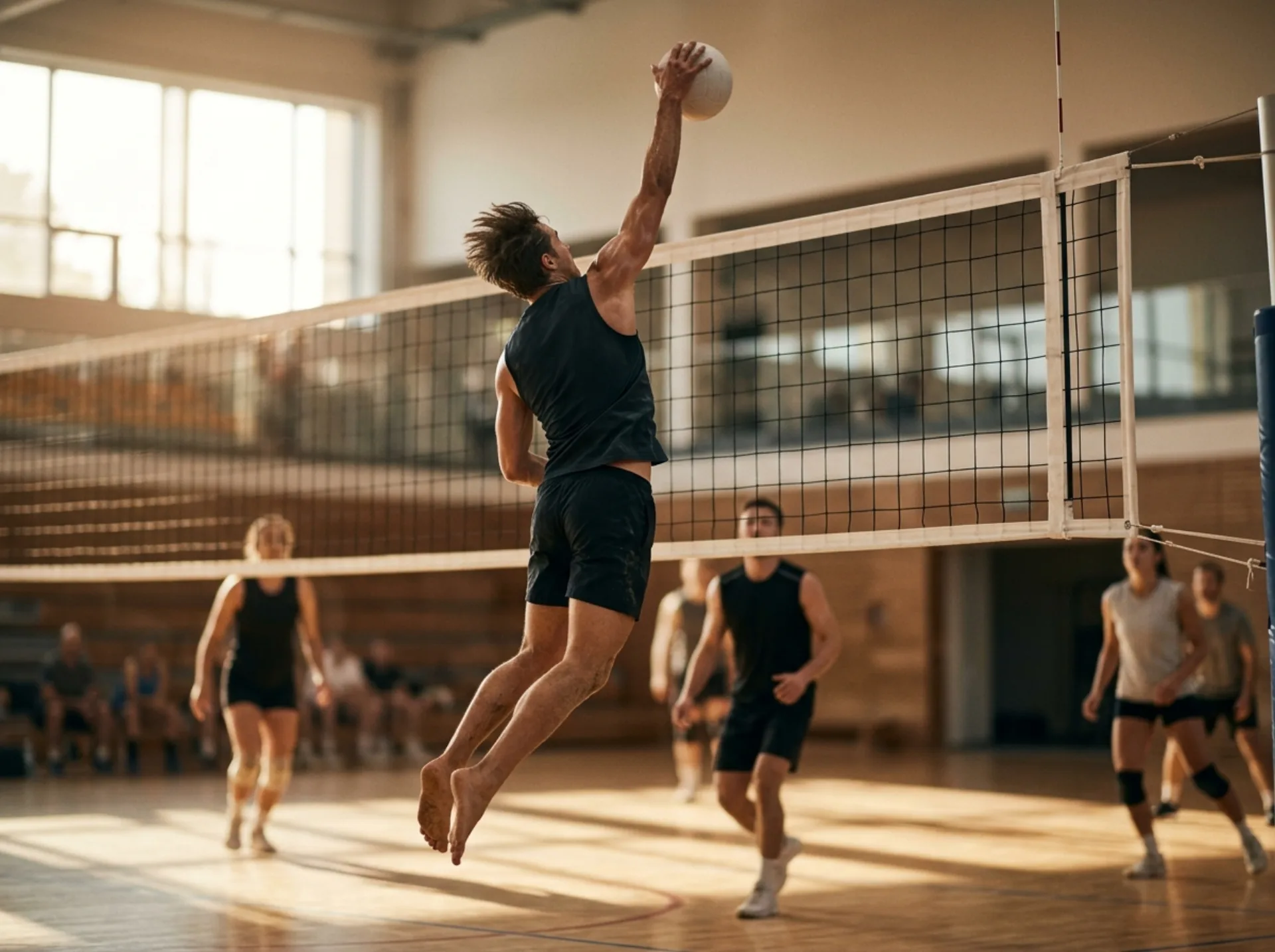 Un attacco a rete durante una partita di pallavolo mista indoor.