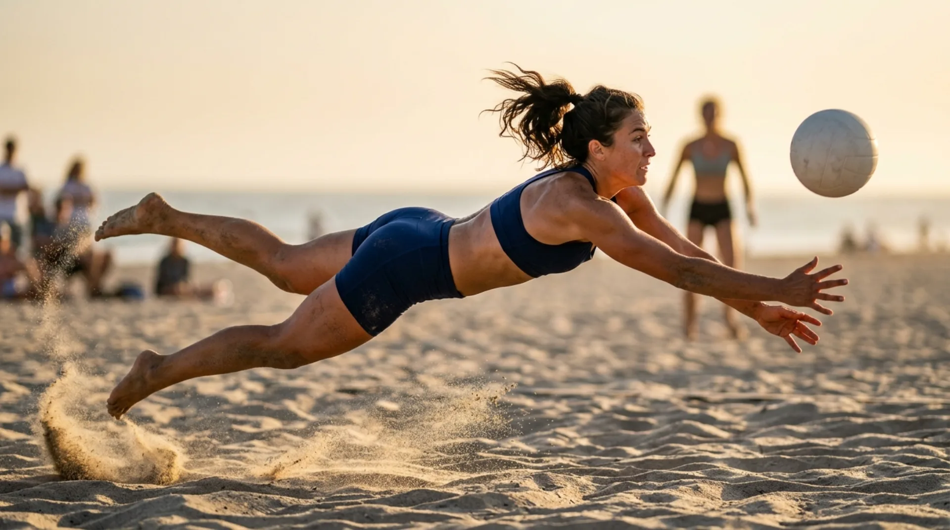Giocatore di beach volley che si tuffa sulla sabbia per salvare una palla