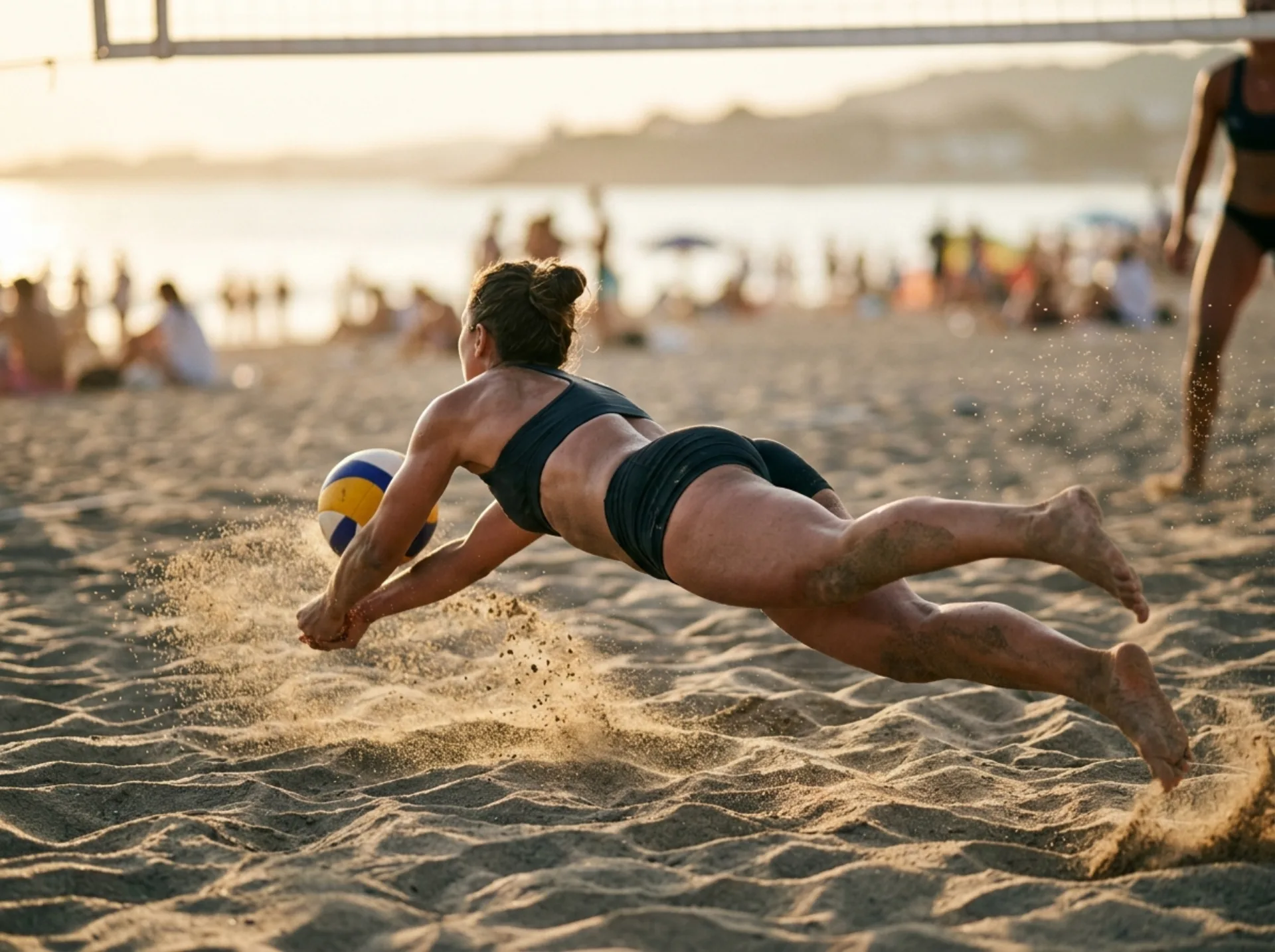 Giocatore di beach volley in tuffo per un bagher sulla sabbia al tramonto