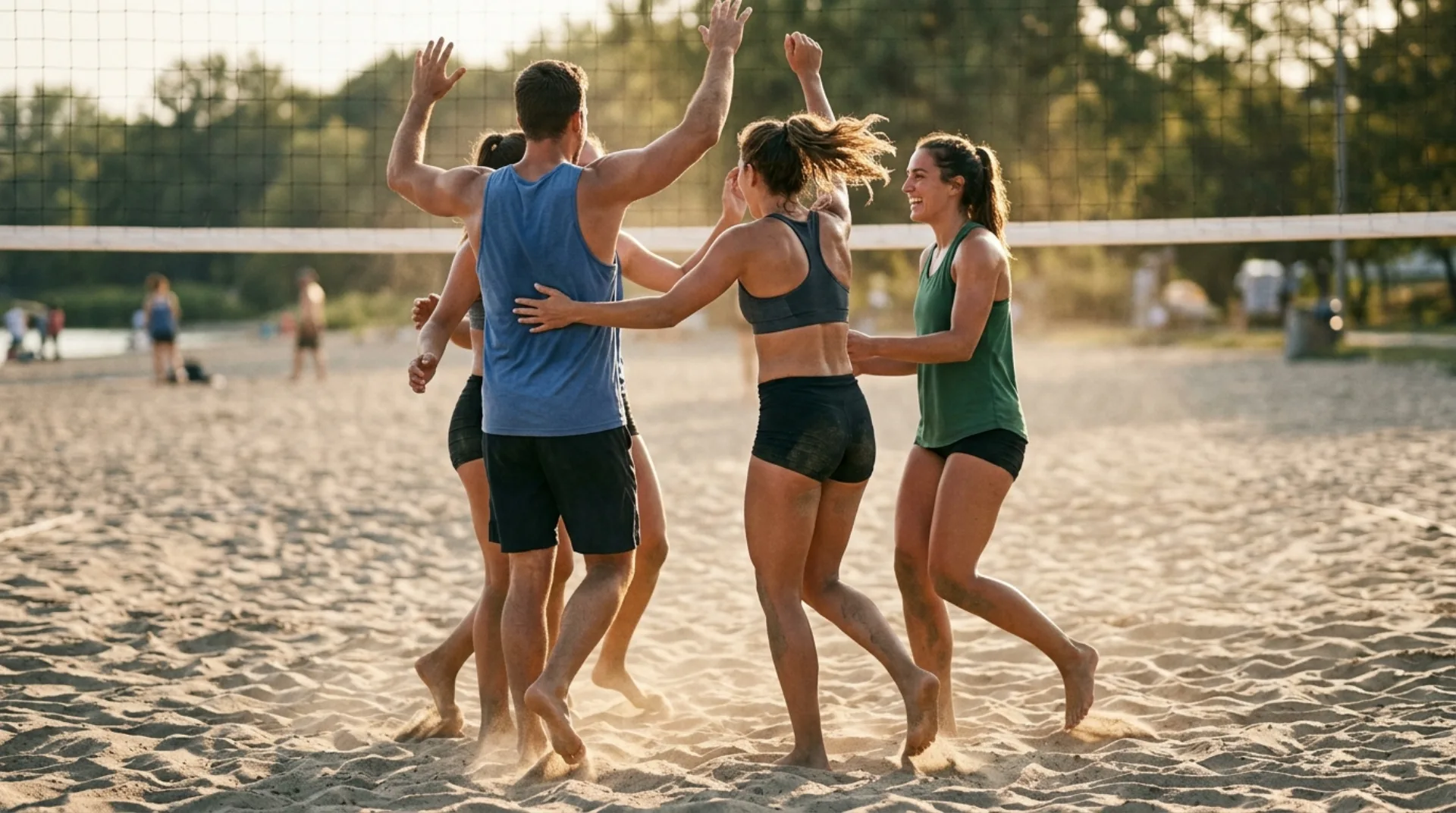 Giocatori e giocatrici di una squadra amatoriale che festeggiano un punto in palestra