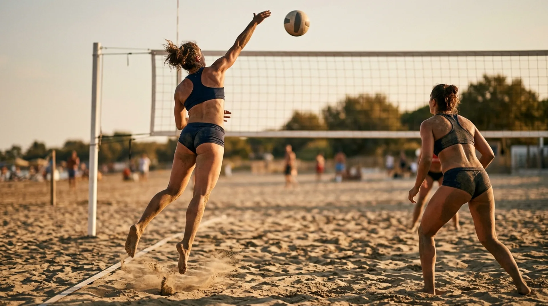 Un pallone da pallavolo sulla sabbia dorata di un campo da beach volley al tramonto