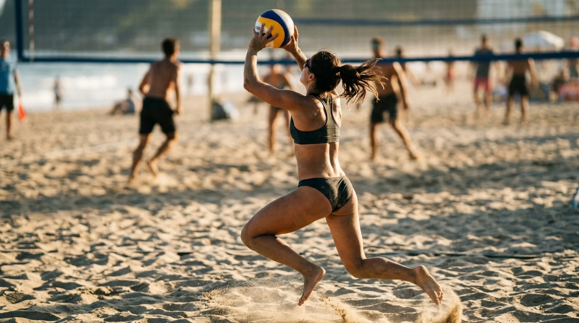 Giocatrice che palleggia sulla sabbia durante un torneo estivo.