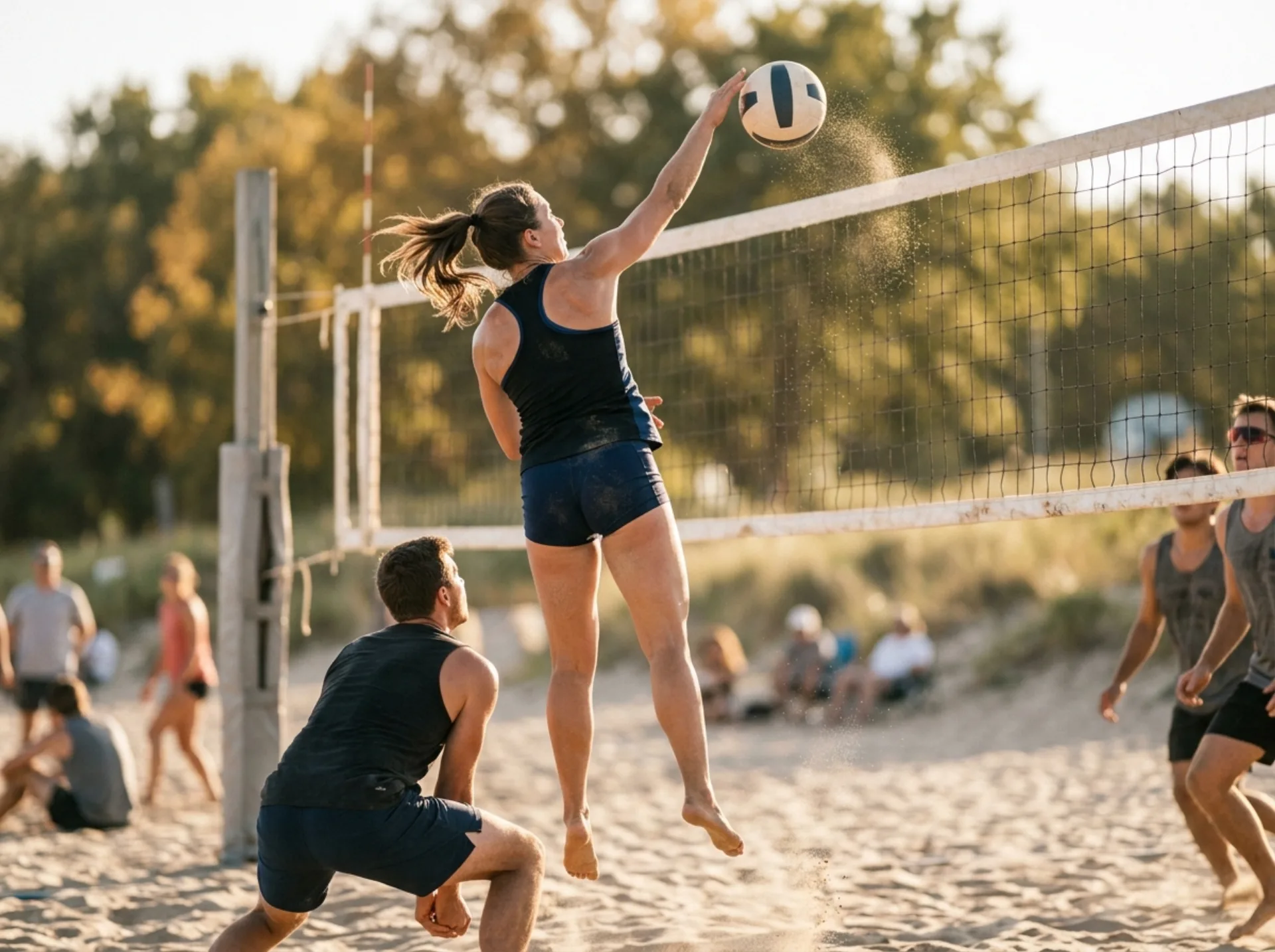 Attaccante che colpisce la palla sopra la rete in un campo da pallavolo all'aperto