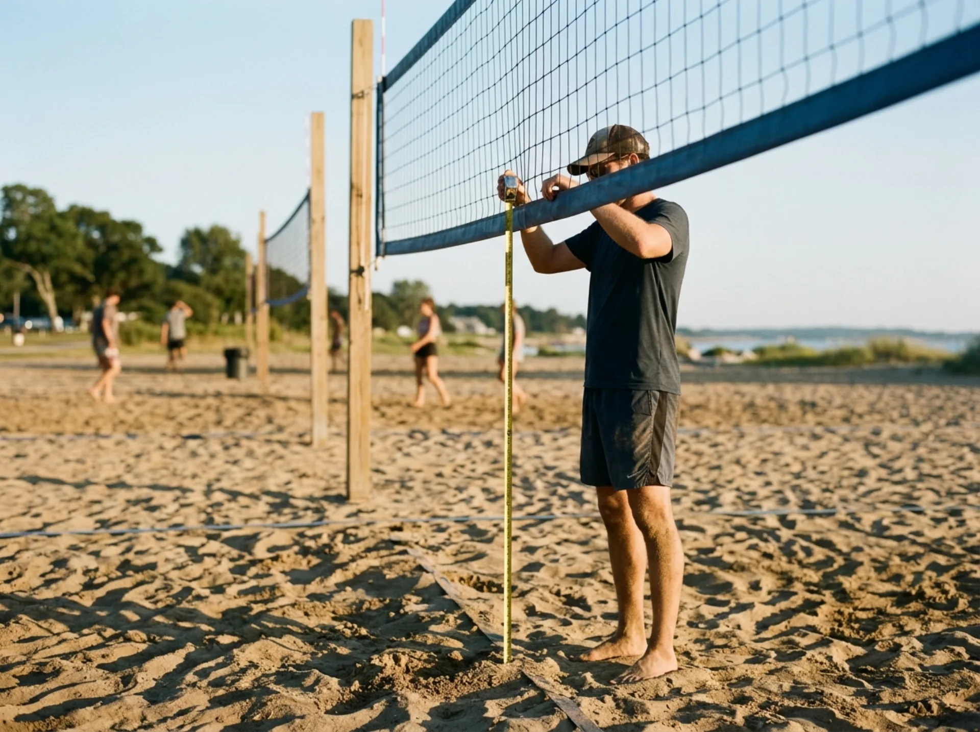 Misurazione dell'altezza della rete da beach volley al centro del campo
