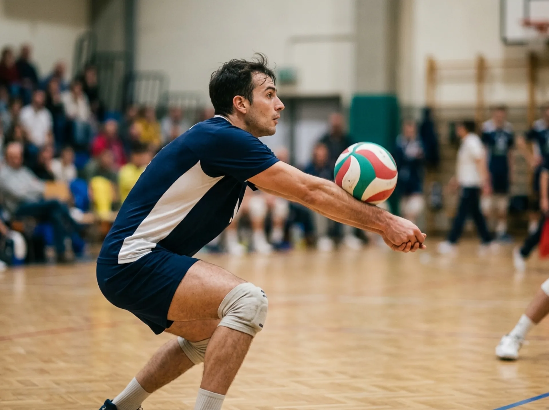 Dettaglio di un giocatore che esegue un bagher di ricezione in palestra