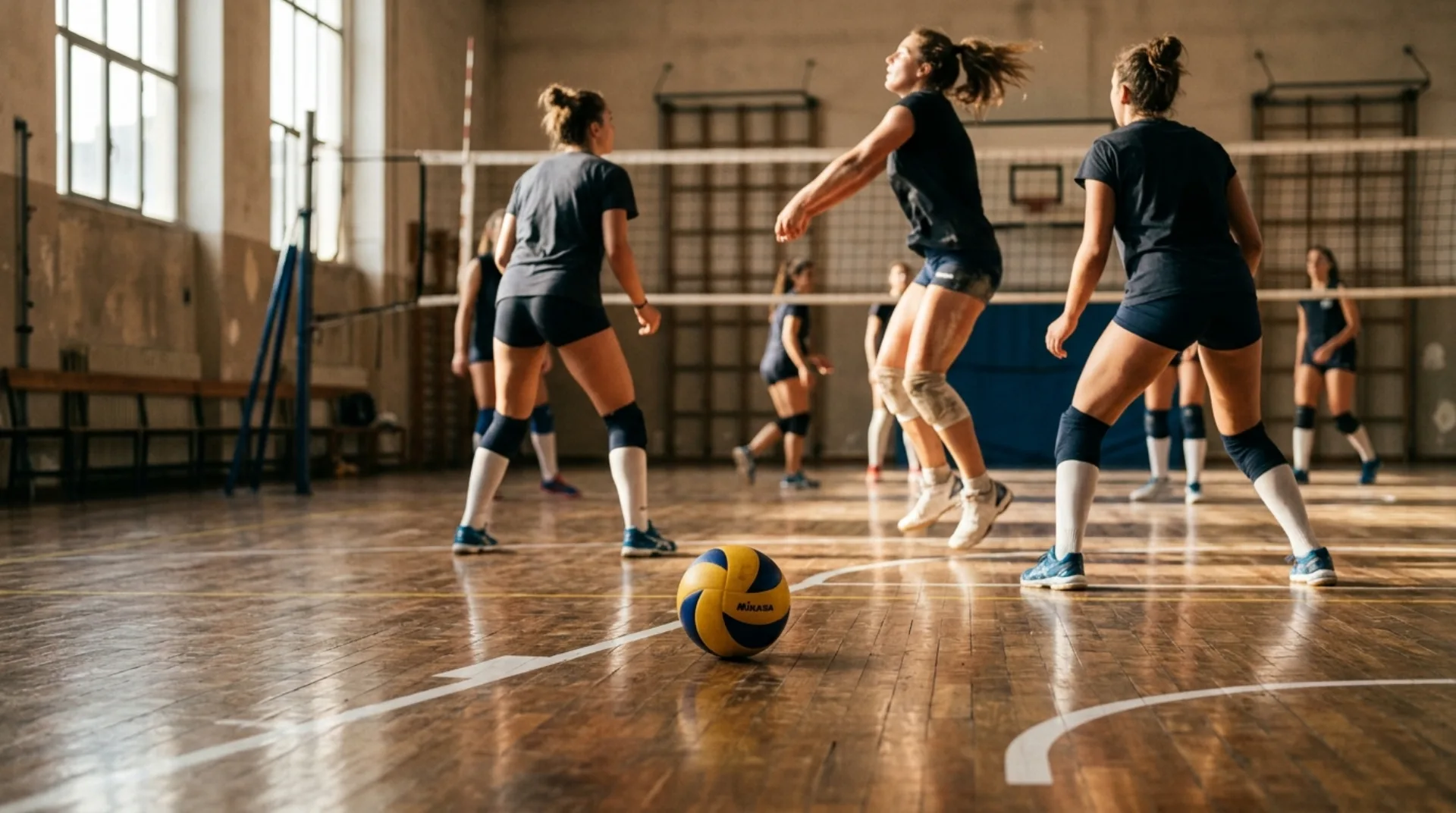 Un pallone da pallavolo sul parquet di una palestra scolastica illuminata dal sole