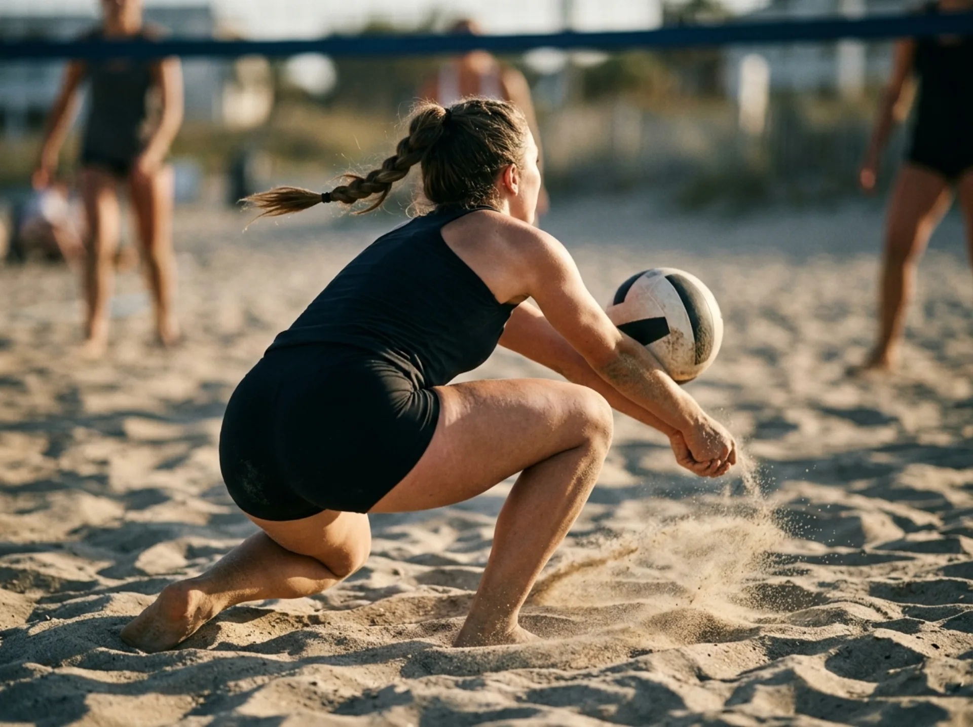 Dettaglio di un bagher difensivo sulla sabbia durante una partita di beach volley