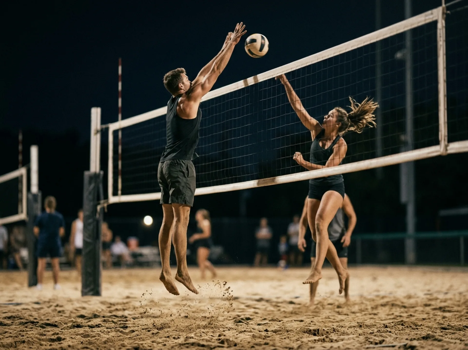 Muro a una mano durante una partita di beach volley notturna sotto i riflettori