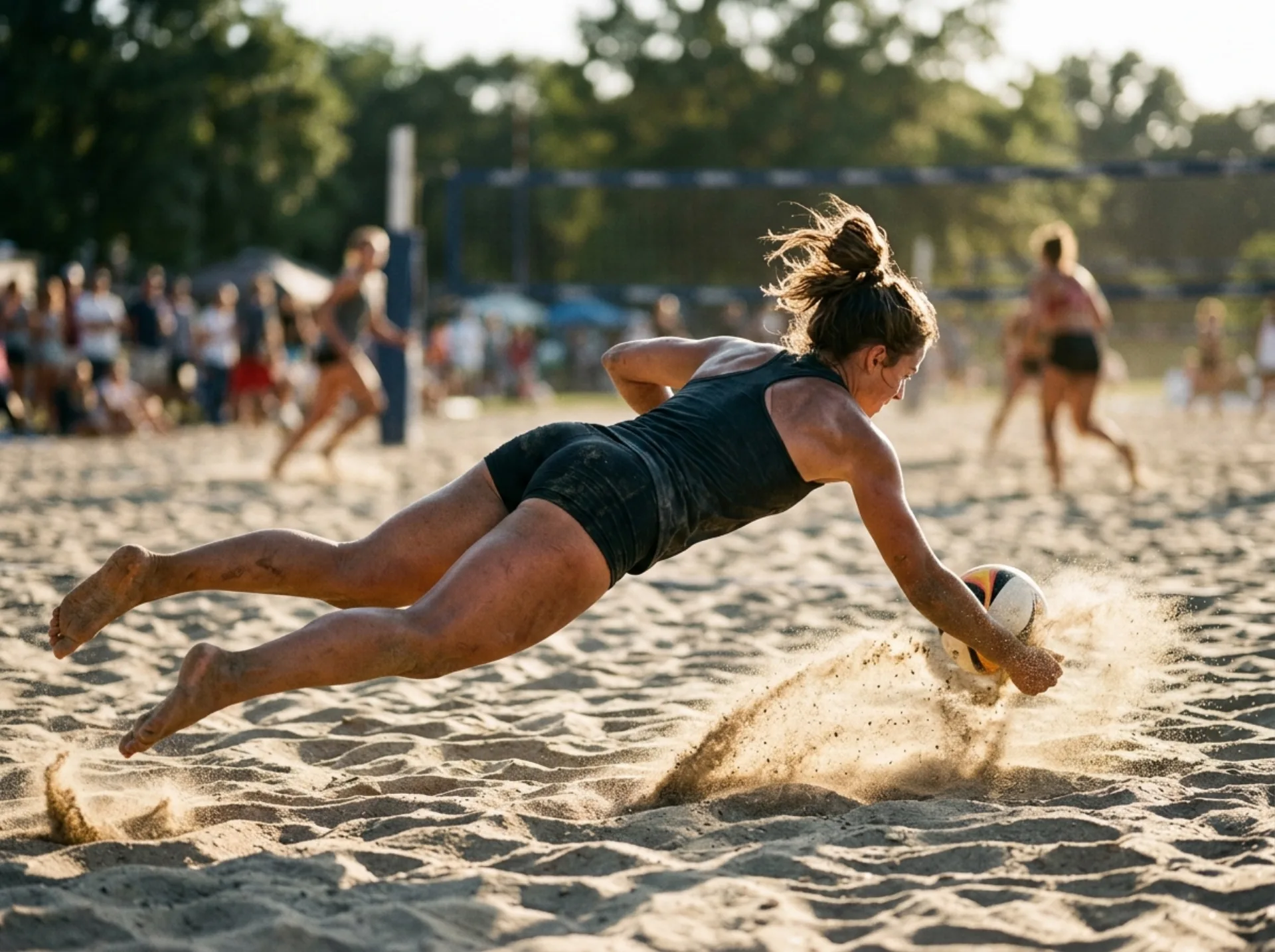 Giocatore in tuffo difensivo sulla sabbia durante una partita di beach volley
