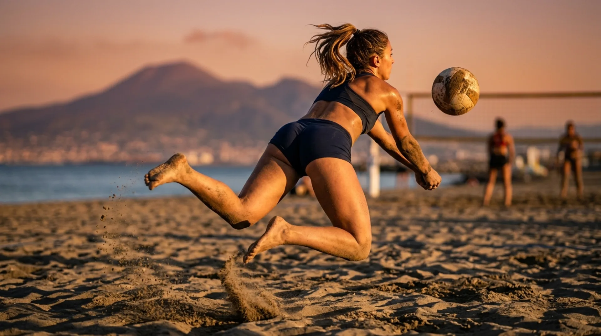 Pallone da beach volley sulla sabbia al tramonto con il Vesuvio sullo sfondo