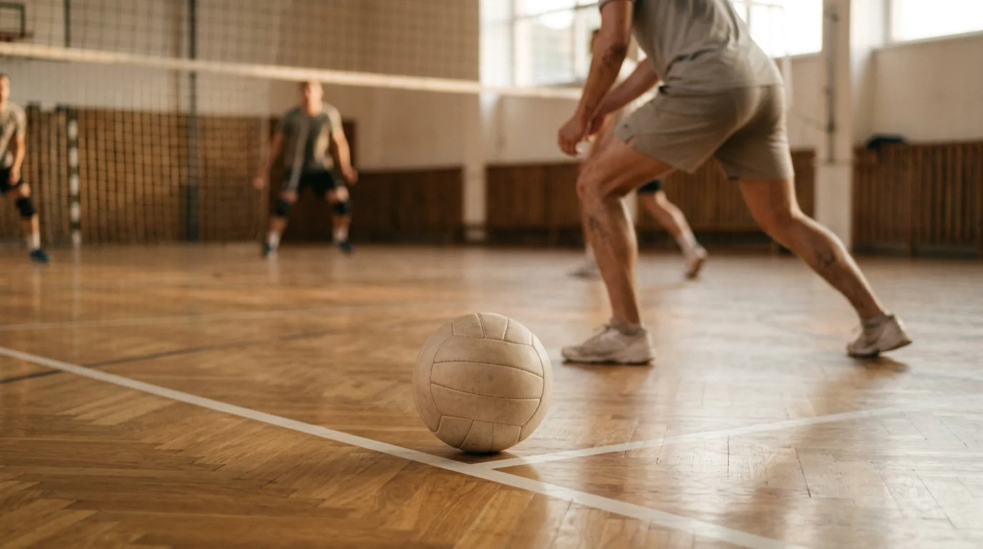 Un pallone da pallavolo sul parquet di una palestra pronto per l'allenamento