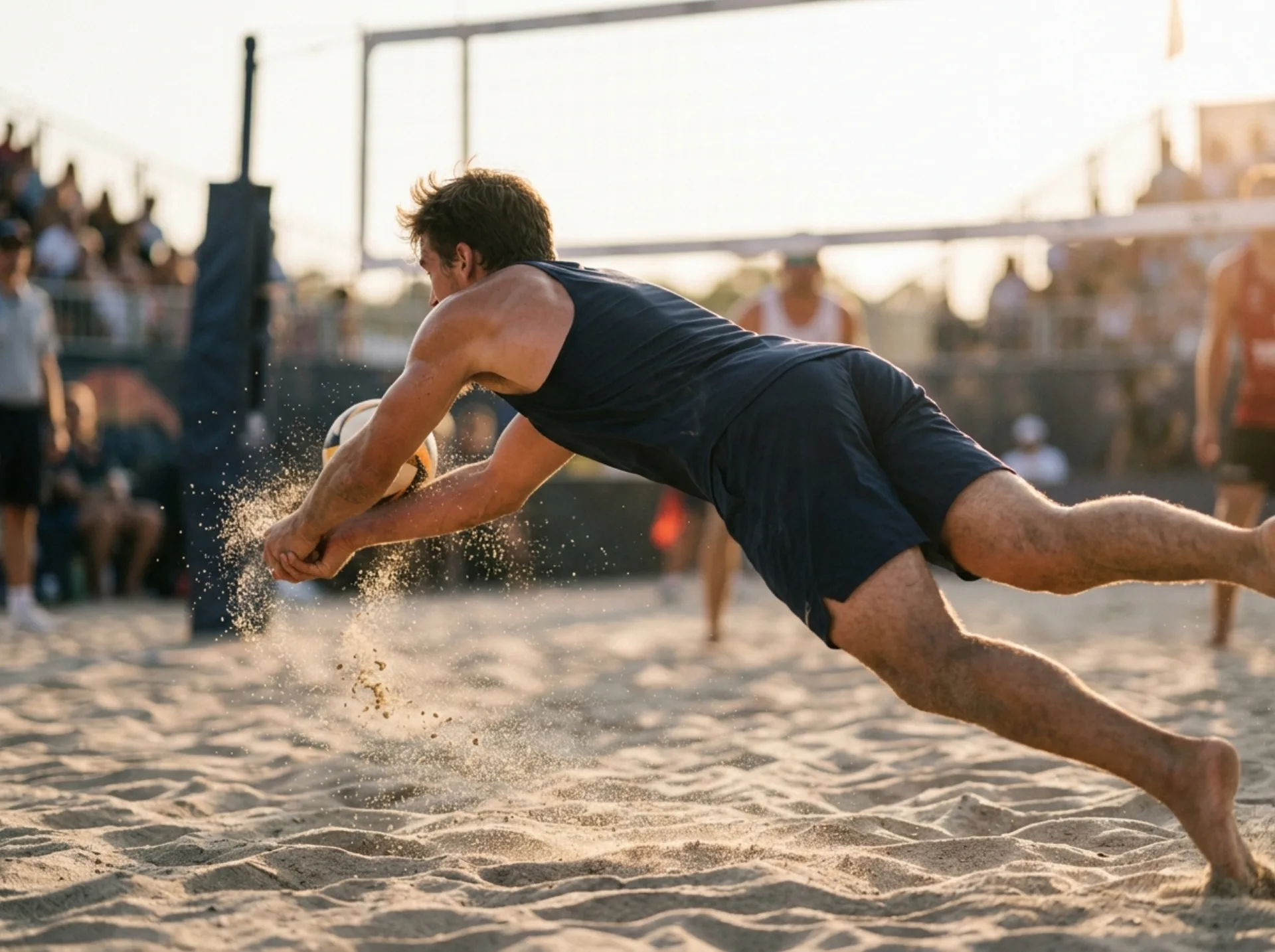 Giocatore di beach volley in tuffo per un recupero in bagher basso sulla sabbia