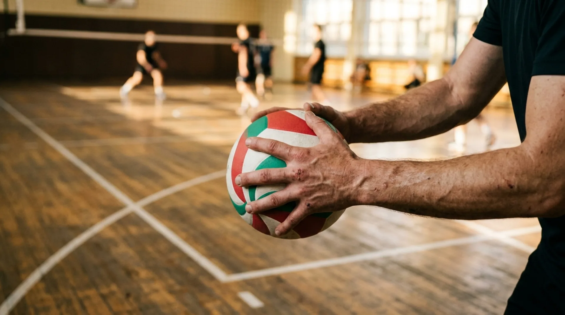 Mani di un giocatore che tengono un pallone da pallavolo su un campo indoor