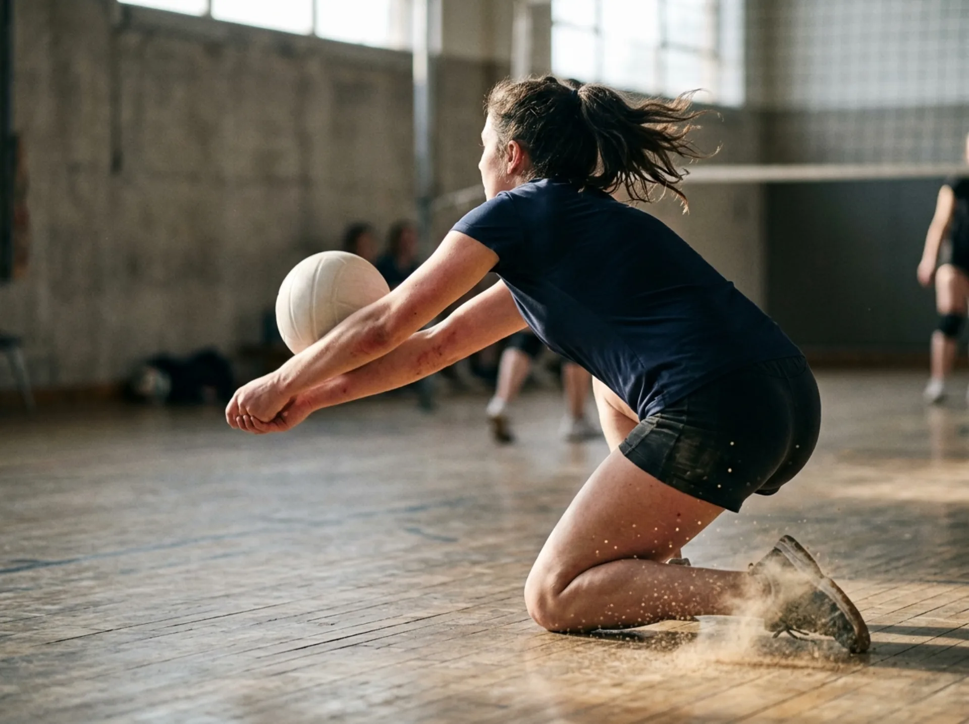 Un giocatore di pallavolo che esegue un bagher in difesa sul pavimento di legno di una palestra.