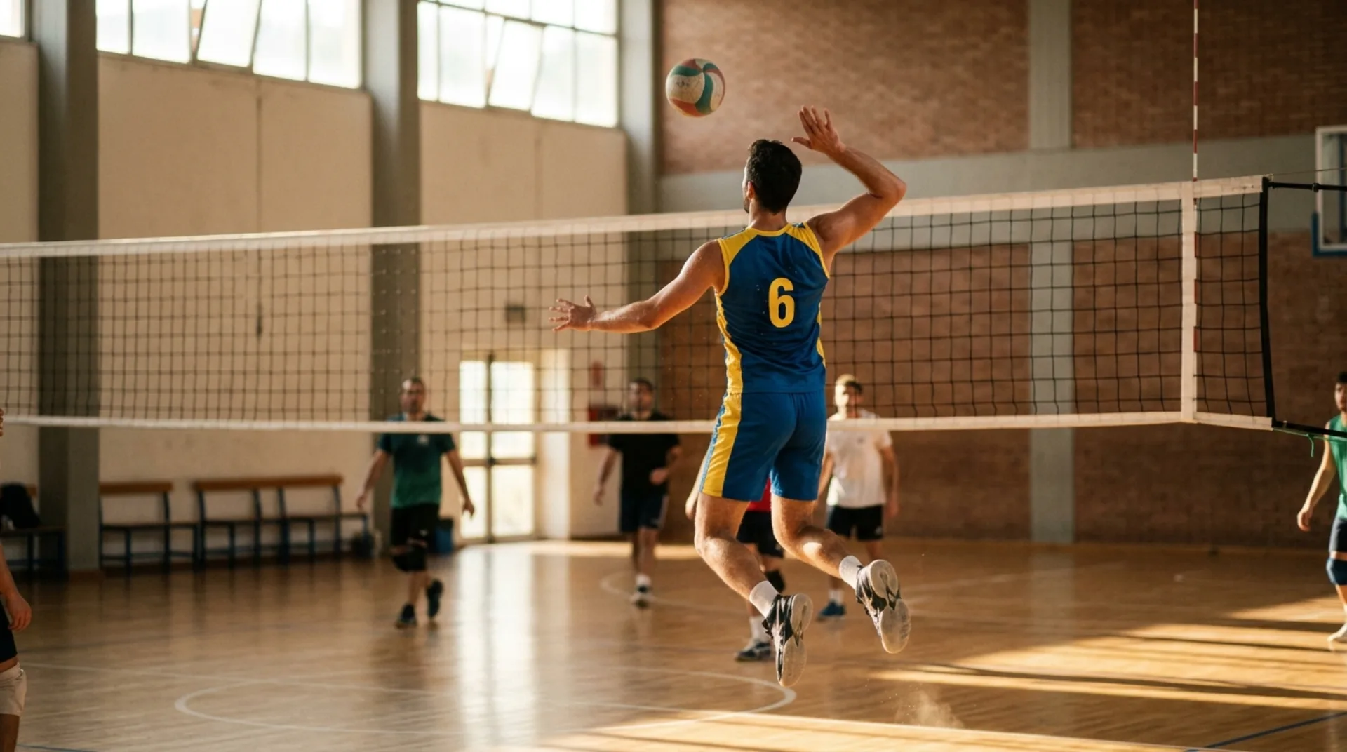 Un pallone da pallavolo posizionato sulla linea di un campo da gioco in legno all'interno di una palestra scolastica illuminata dal sole autunnale.